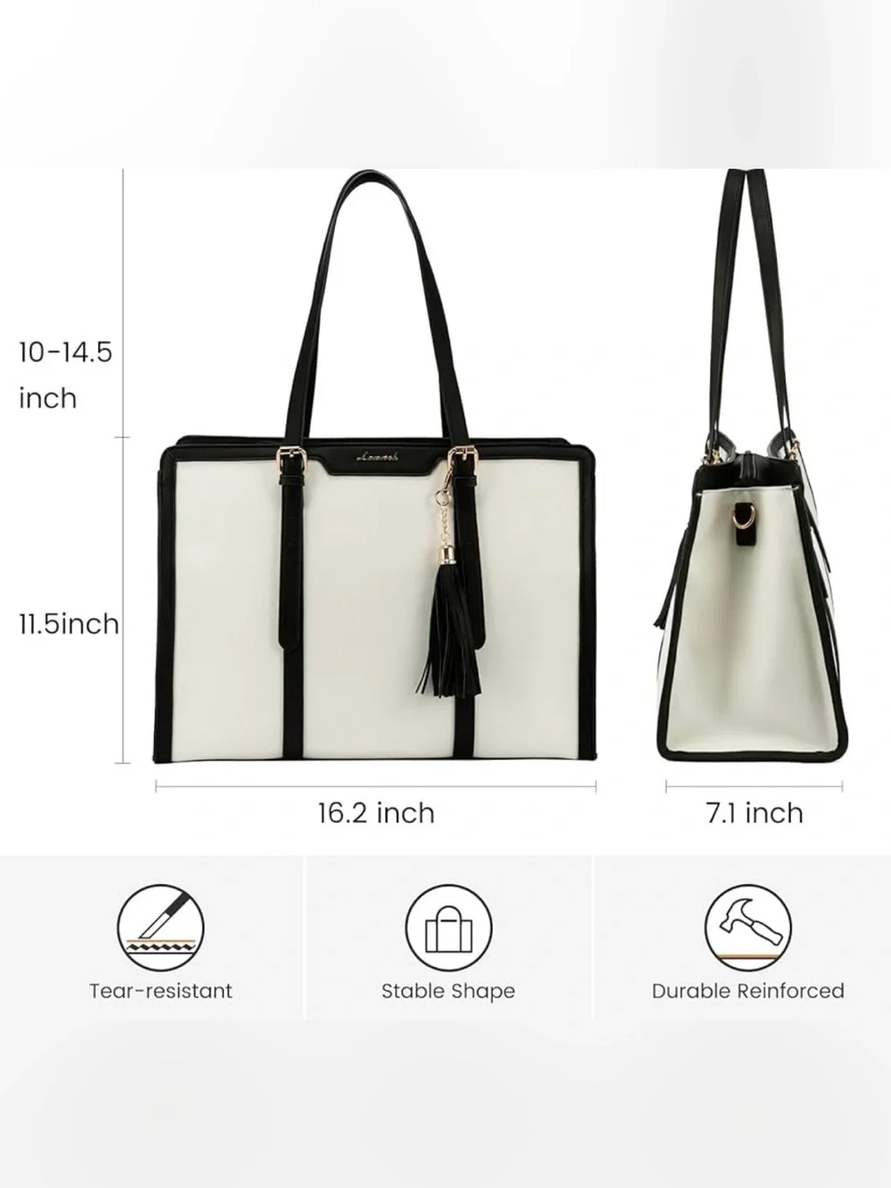 LOVEVOOK Canvas Laptop Tote Teacher Work Bag Black Cream-White